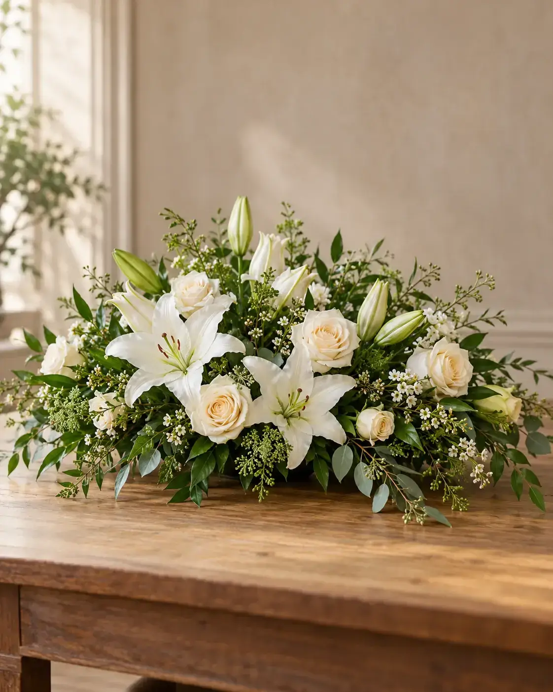 Arranjo de lírios e rosas brancas sobre uma mesa de madeira